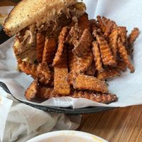 Reuben and sweet potato fries   at Pig Minds Brewing in Machesney Park