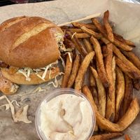 Peach bbq soy curl sandwich   at Pig Minds Brewing in Machesney Park