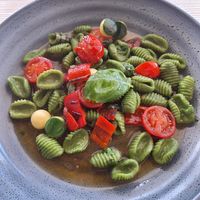 Cavatelli verde pasta with tomatoes, courgette, roasted red pepper and basil. Asked for lemon to be omitted. at Sienna's in Dublin