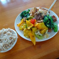 Plate full of goodies with some rice on the side at Xiāng Lín SùShí 鄉林素食 in Taitung