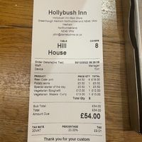 Bill for dinner for 2 with 2 starters and 2 pints each £54  at Holly Bush Inn in Kielder
