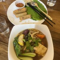 stewed noodle soup & deep fried spring rolls  at Shala Vegan House in Da Nang