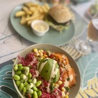 Rainbow salad on the side, with edamame beans, avocado, and pickled onion! 🌱  at Bij Fleur in Torrox Costa
