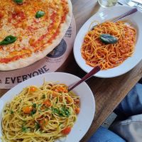 The pastas are both vegan, the pizza in the picture is not. at L'Osteria in Vienna