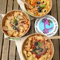 Vegan bolognese, Vittá and Pomodoro with pappardelle pasta at Pasta Siena in Veszprem
