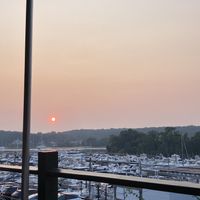 The view from the back patio at sunset at The Purple Elephant in Northport