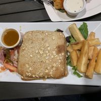Beyond burger with yuca fries at The Purple Elephant in Northport