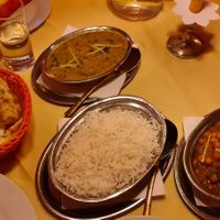 Garlic bread, daal, rice, channa masala at Restaurant Taj Mahal in Salzburg