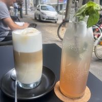 latte macchiato and rhubarb schorle   at VRÜH - All Day Breakfast in Dortmund