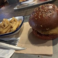 Vegan chicken burger with fries  at BrewDog in Hull