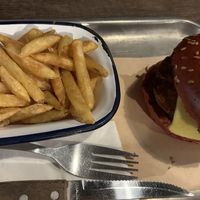 Vegan beef burger with friesd  at BrewDog in Hull