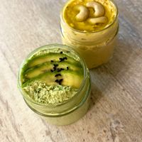Just opened avocado hummus with spinach and pumpkin mousse with cashew cream cheese at Gayamboulé in Yerevan