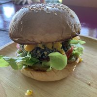 Amazing veganised Kitchari burger it has banana chutney and mango salsa. Soooo good 👌🏽  at The Dreaming Tree in Phuket