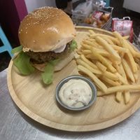 Amazing Vegan Kitchari burger with delicious French fries and vegan mayo. This is a real winner 🙃   at The Dreaming Tree in Phuket