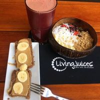 Copabanana bowl; Banana bread with peanut butter; Flush at Living Juices in Koh Tao