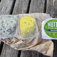 Vegan salads, and a delicious wild garlic cheese. at Die Vegane Fleischerei in Dresden