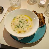 Cauliflower soup with pine nuts, truffle oil, and chestnuts. at Marsha in London