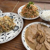 Tofu ginger, salad and noodle dish   at Tam Coc Ngo Dong Homestay and Vegan Restaurant in Ninh Binh