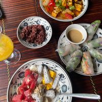 Overnight Oats, fresh spring rolls and a tofu and veg dish.  at Tam Coc Ngo Dong Homestay and Vegan Restaurant in Ninh Binh