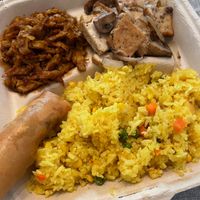 Fried Rice Combo with Spicy Lemongrass Chicken and Mushroom Tofu with Black Pepper at ChuMinh Tofu and Veggie Deli in Seattle