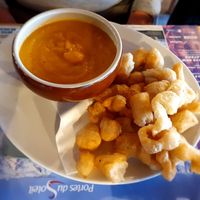 Soup of the day (pumpkin) with gnocchi fritti at Restaurant La Ferme in Montriond