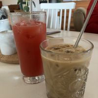 Fresh watermelon juice and iced latte with oat milk   at The Break Cafe in Thisted