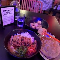 The meal. Curry Don with tofu and a very very oily roti.  at Bam Pow in Port Douglas