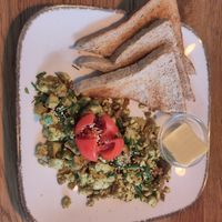 Scrambled tofu and toast at Deli Kitchen in Munich