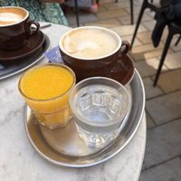 Coffee with oat & fresh juicee  at Café Jelinek in Vienna