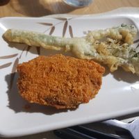 Tempura broccoli and pumpkin korokke at Marugame Udon in South East London