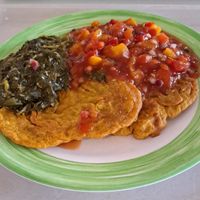Chickpea pancakes with peach and tomato salsa and sesame leaf spinach at Mensa UniCampus Magdeburg in Magdeburg