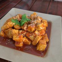 Tofu w sauce on top at Kaun Im Yok Vegan Restaurant - H&H in Vang Vieng