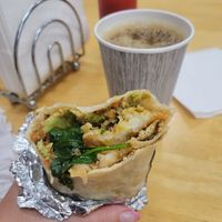 Vegan Trainwreck burrito w organic local tofu and local organic coffee at McIntosh Farm Country Store in Arcata