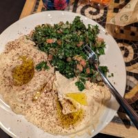Herbivore plate with hummus, babaganoush and taboulé at Omnivore - St Denis in Montreal