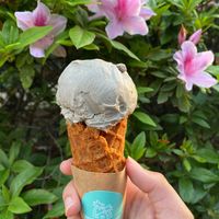 Black sesame ice cream in waffle cone at sari sari store サリサリストア in Osaka