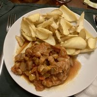 Eggplant and chickpea stew, rustic potato as side dish  at Chalet Bielmonte in Bielmonte