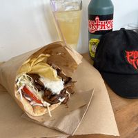 Mushroom souvlaki with the homemade lemonade - note the thin potato fries! Delicious.  at Veganato in Crete