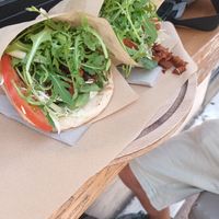 Soy gyros with spinach and arucola (soy chunk hidden below the greens but a generous portion !) at Veganato in Crete