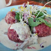 Beet root dumplings, wild mushroom ragout with herb salad & almond milk dressing (17.90) at Blaue Ziege in Petersberg