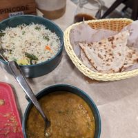 Roti, dal fry and pilau rice at Pincode in Dubai