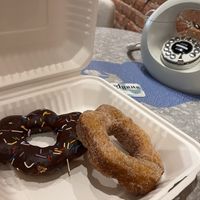 Chocolate sprinkle donut and cinnamon sugar donut    at Landline Doughnuts & Coffee in Longmont