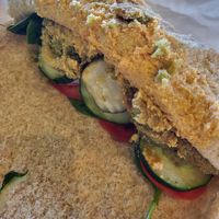 Falafel, hummus and veggies on wheat pita at Pita Fusion in Austin