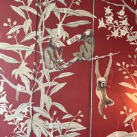 Bathroom wallpaper  at Wusong Road Tiki Bar in Cambridge