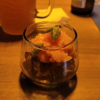 Vegan dessert: caramelized Eggplant with mandarin ice-cream. Tasty! at Lyara Restaurante in Manizales