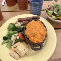 Shepherds pie with a medley of roast veggies, a couple of sausages, some marinated tofu, & a side salad. I also had some delicious bread.   at The Green Dragon Inn in Matamata