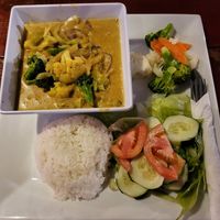 Veggie coconut curry with steamed vegetables and a garden salad at Swings Restaurant & Bar in San Pedro