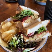 Vegan Special - £8.50: Falafel, hummus, beetroot & rocket on white sourdough bread with aside salad with balsamic glaze and ready salted crisps   at Coffiology in Caerleon