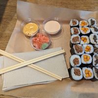 Mixed sushi with lovely sauces and spicy ginger + wasabi at Vbb House in Paris