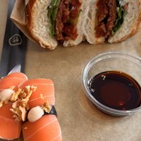 Salmon sushi & Hellenic sandwichh  at Vbb House in Paris