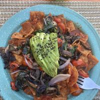 Chilaquiles made vegan without cheese or cream and green juice  at Amor de Mis Amores  in Tequila